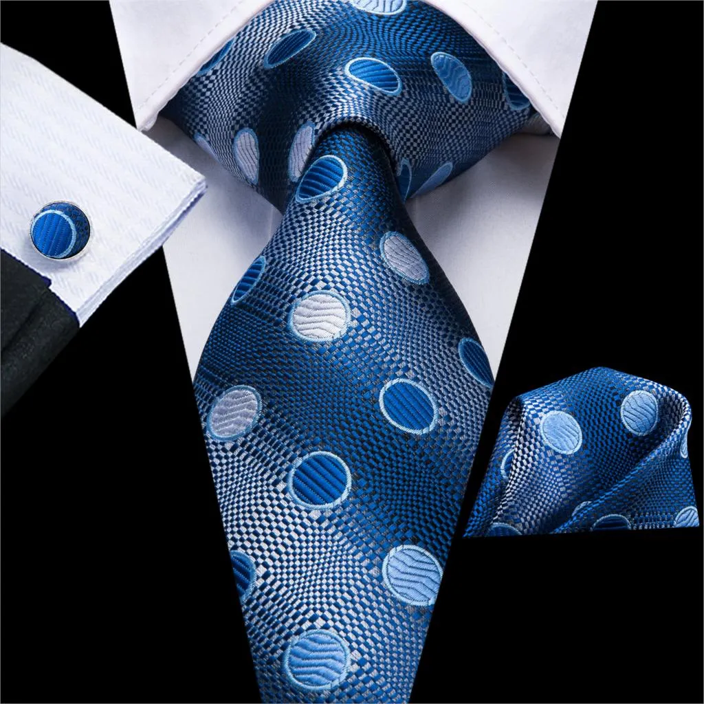 Hi-Tie Navy Blue Red Dot Silk Wedding Tie For Men Hanky Cufflink Mens Gift Tie Set Business Party Dropshipping Fashion Designer