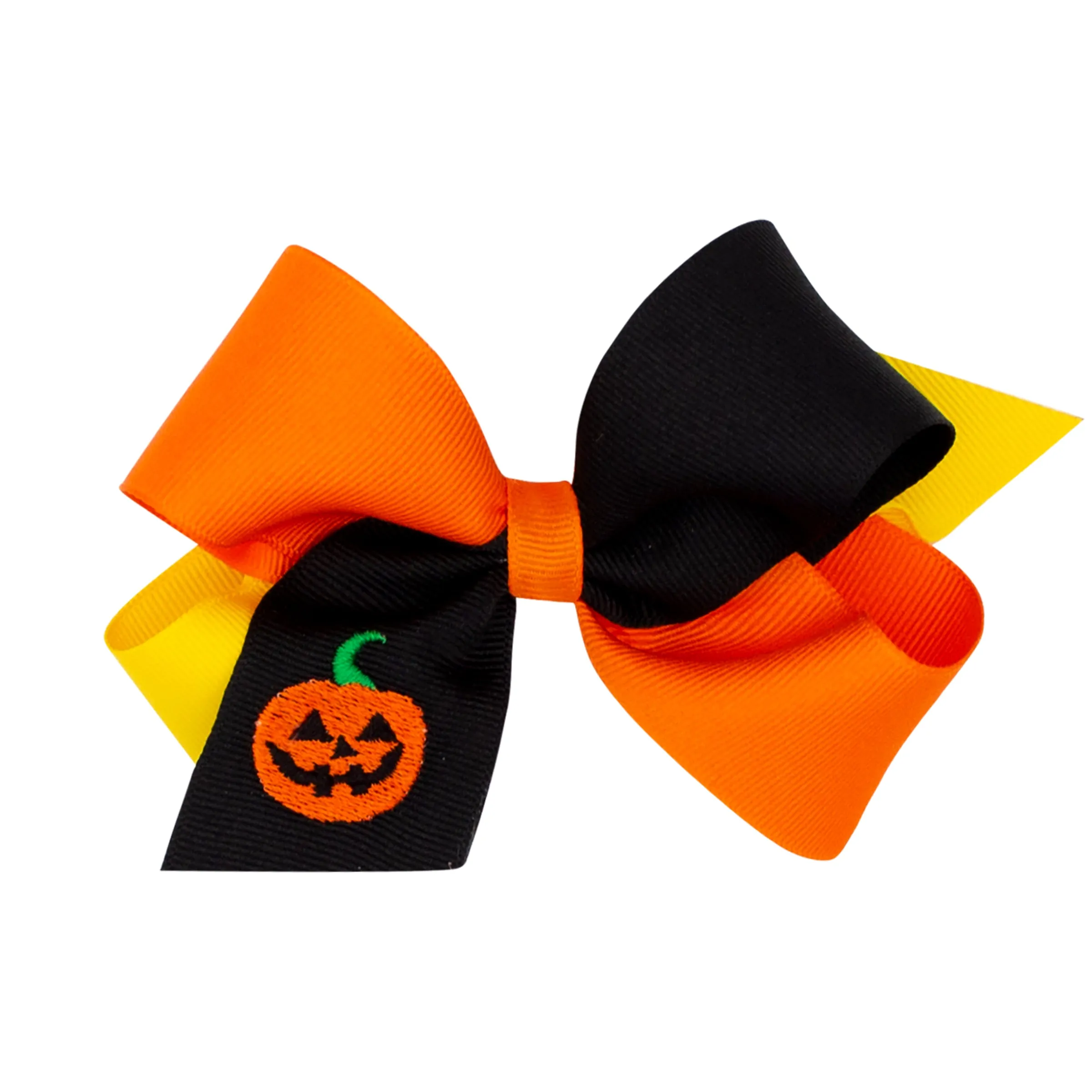 Jack O Lantern Embroidered Tri-Color Grosgrain Hair Bow on Clippie