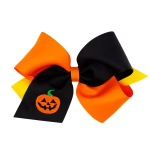 Jack O Lantern Embroidered Tri-Color Grosgrain Hair Bow on Clippie