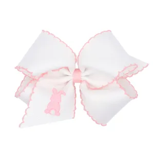 King Moonstitch Embroidered Easter Hair Bow on Clippie - White w/Pink Bunny