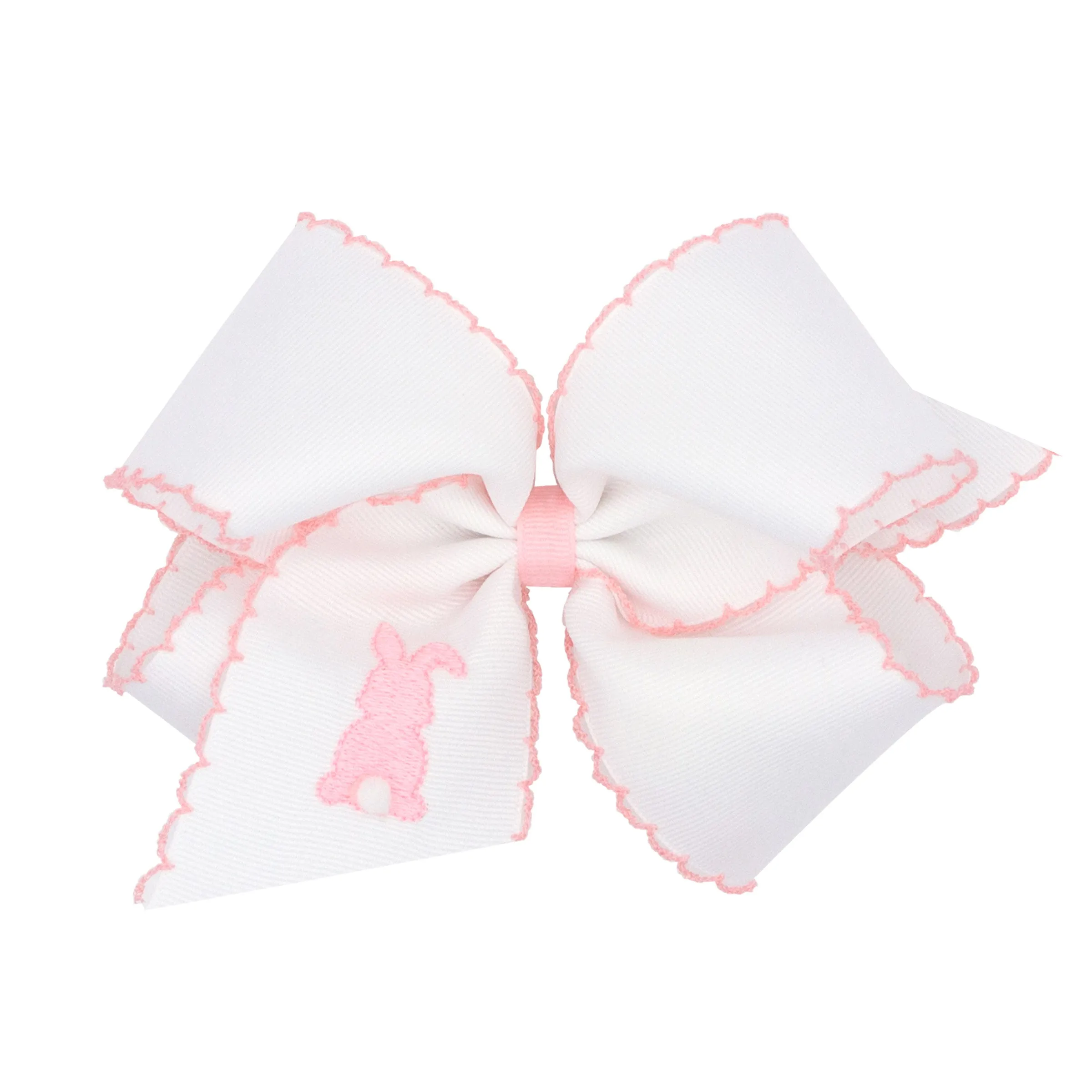King Moonstitch Embroidered Easter Hair Bow on Clippie - White w/Pink Bunny