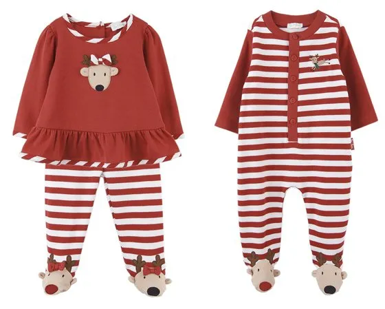 Le Top Baby Reindeer Cheer Swing Top & Footed Stripe Pants