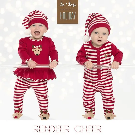 Le Top Baby Reindeer Cheer Swing Top & Footed Stripe Pants