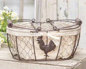 Lined rooster embellished wire picnic basket