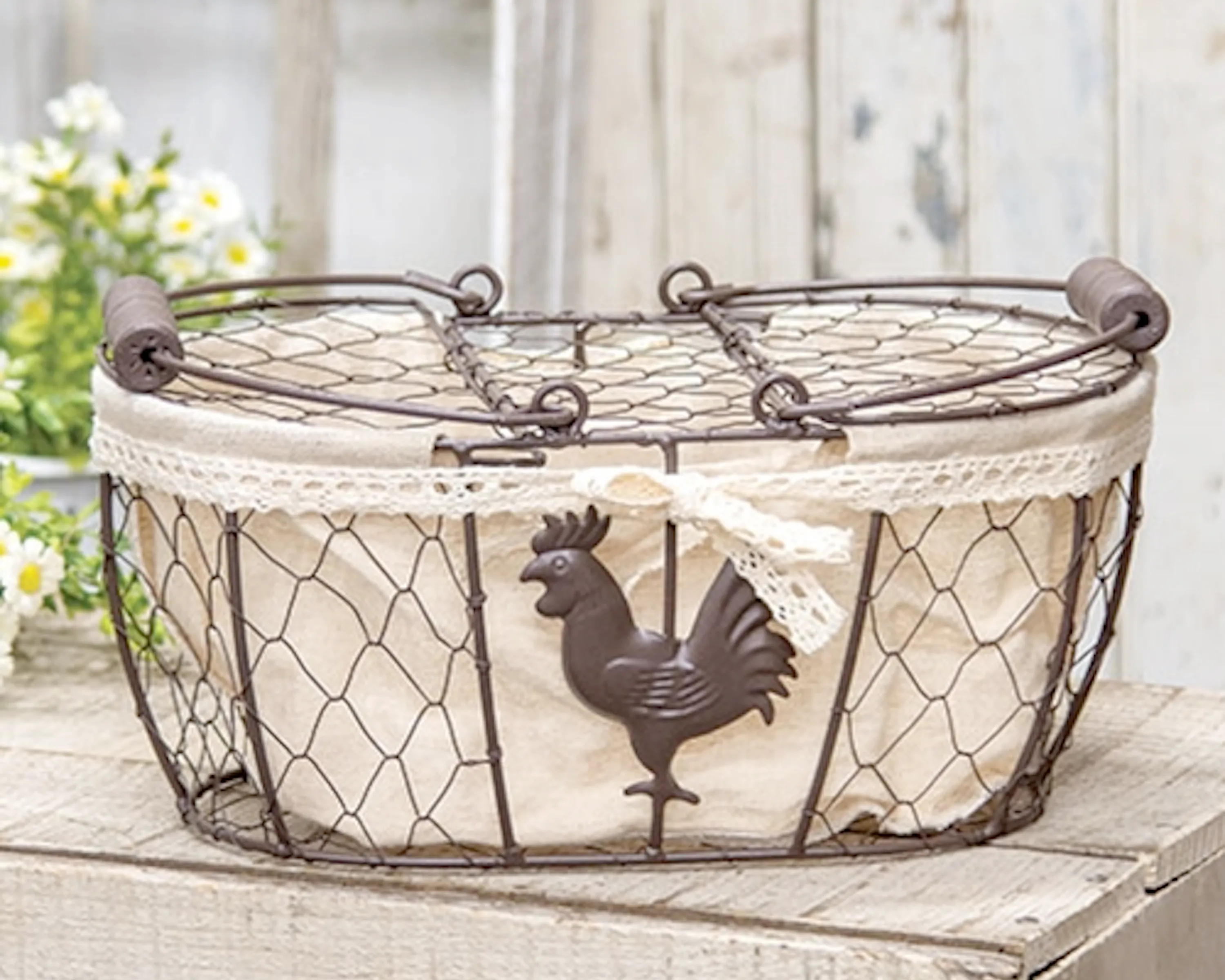 Lined rooster embellished wire picnic basket