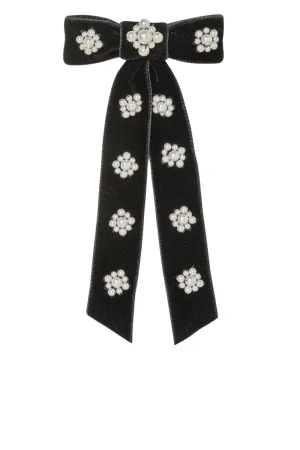 Lynette Black Velvet Pearl Bow Barrette