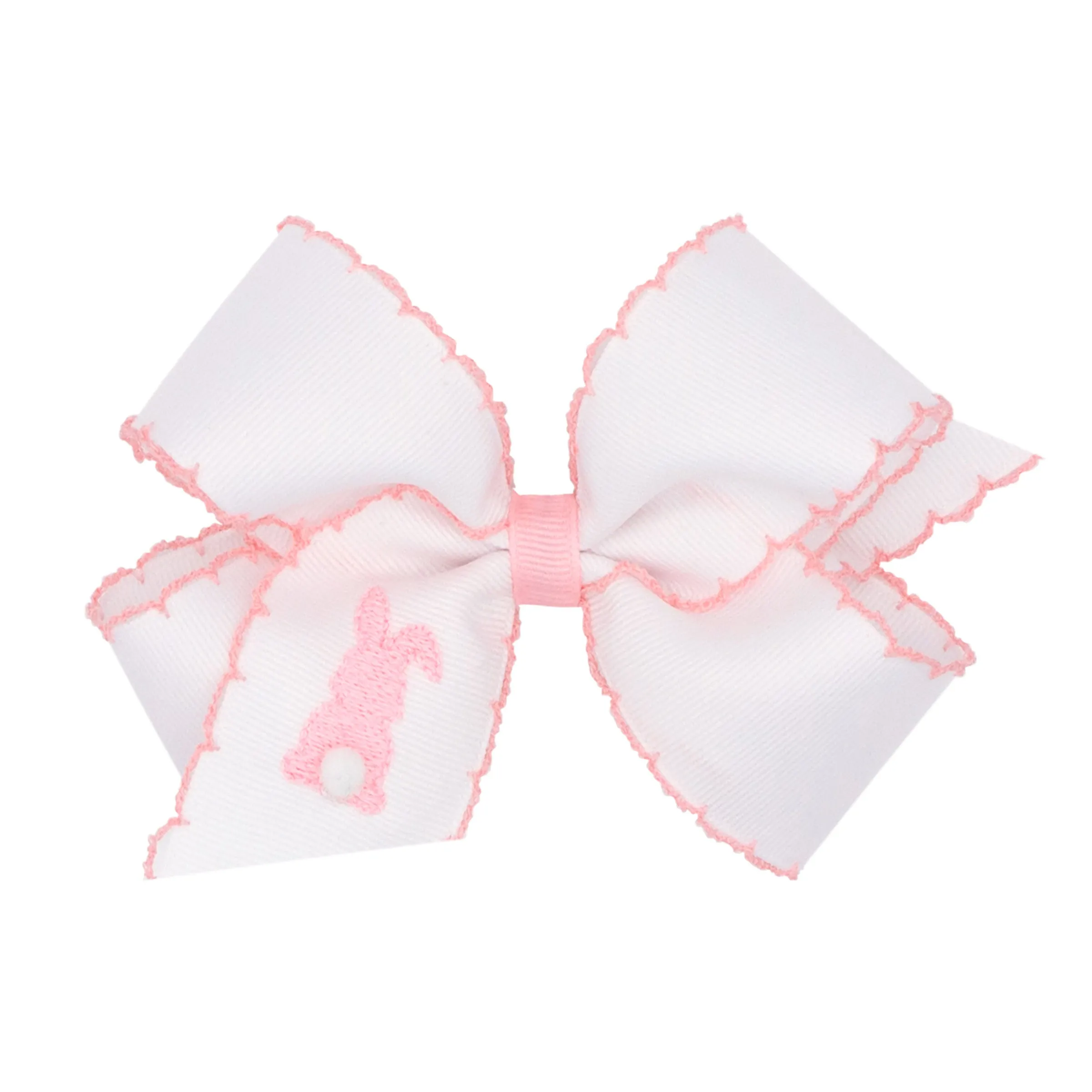 Medium Moonstitch Embroidered Easter Hair Bow on Clippie - White w/Pink Bunny
