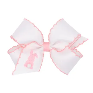 Medium Moonstitch Embroidered Easter Hair Bow on Clippie - White w/Pink Bunny