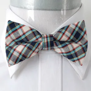 Men's Beige Turquoise Blue Nova Plaid Silk Pre-Tied Bow Tie