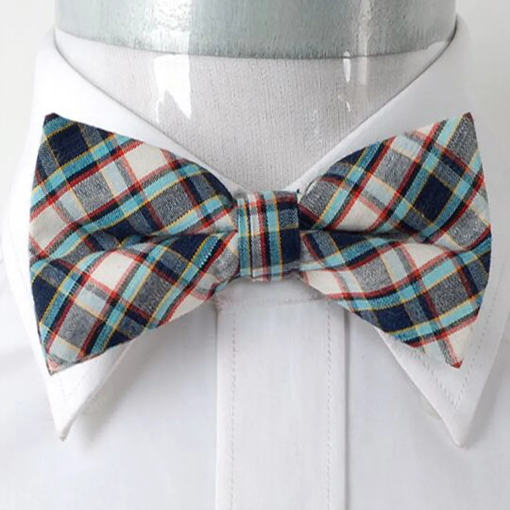 Men's Beige Turquoise Blue Nova Plaid Silk Pre-Tied Bow Tie