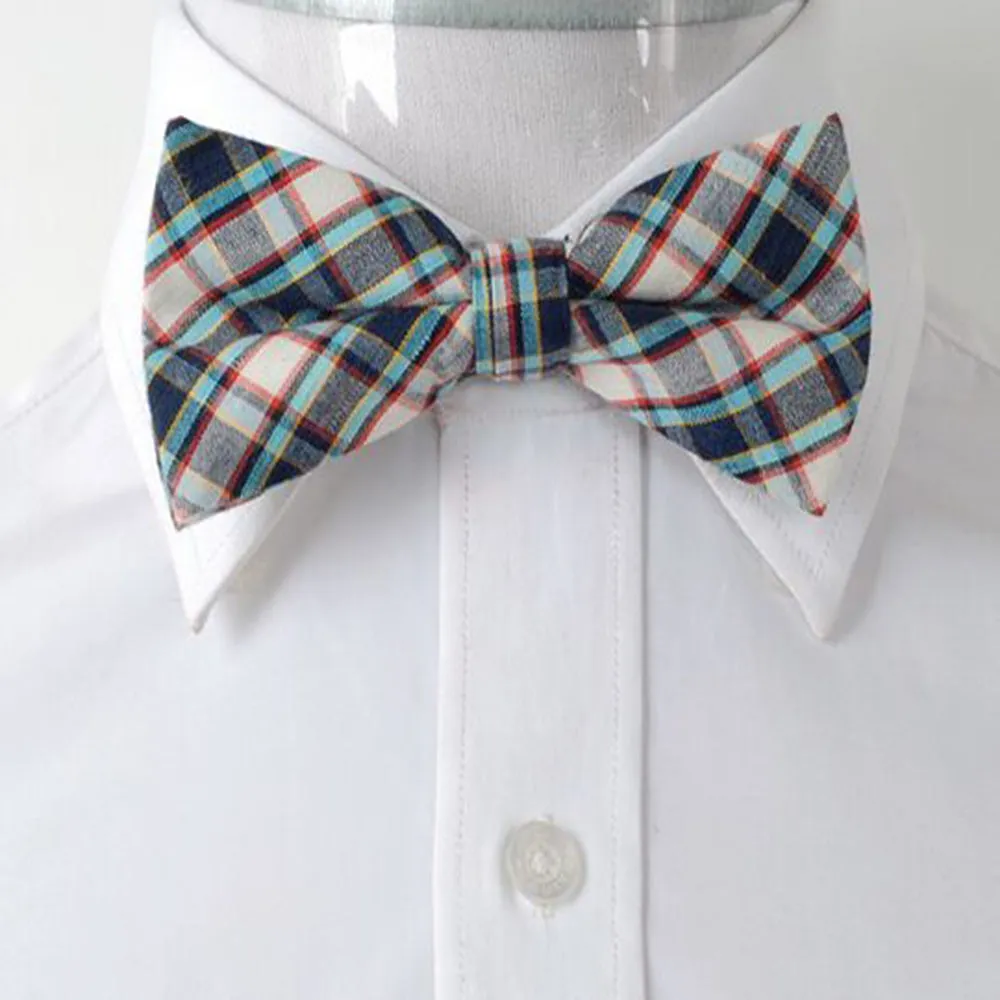 Men's Beige Turquoise Blue Nova Plaid Silk Pre-Tied Bow Tie