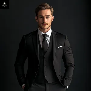 Men’s Black 3-Piece Suit with Notch Lapel – Custom Tailored for a Sharp Look
