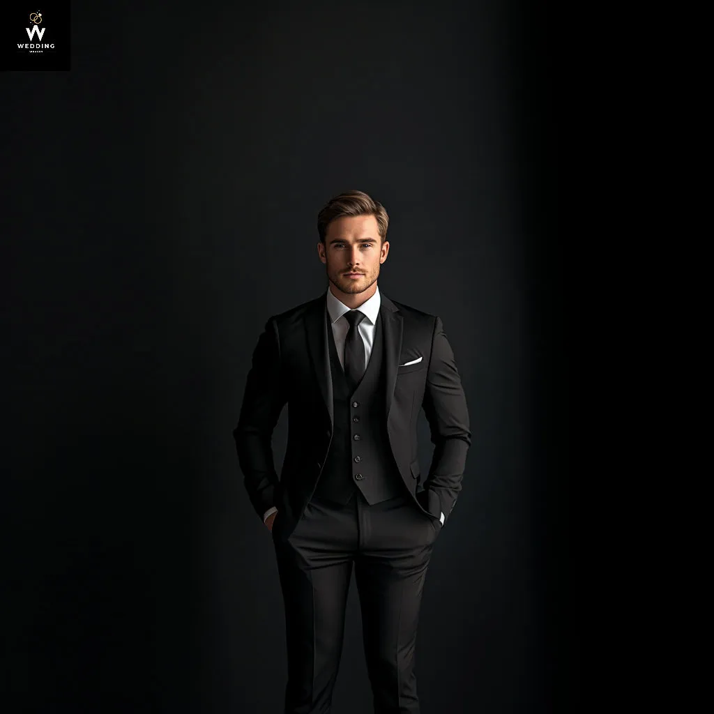 Men’s Black 3-Piece Suit with Notch Lapel – Custom Tailored for a Sharp Look