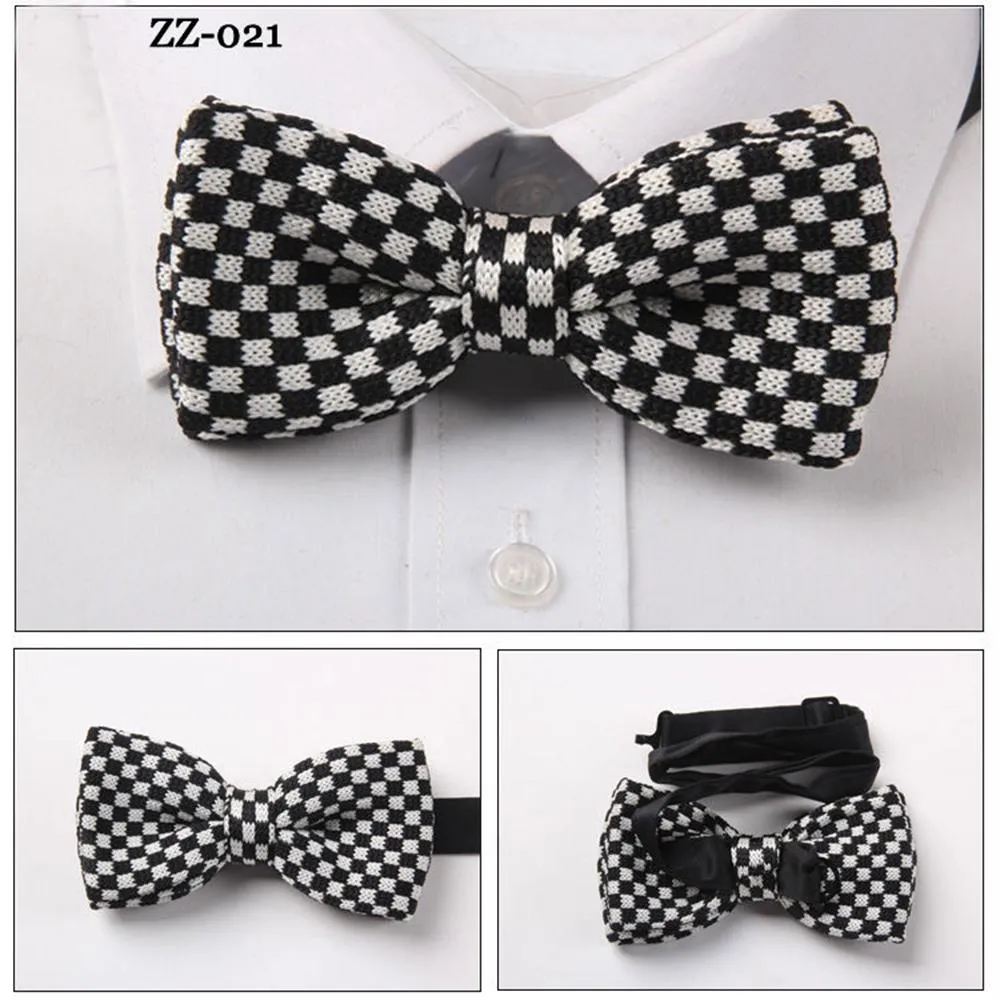 Men's Black With White Checkers Silk Knitted Bow Tie