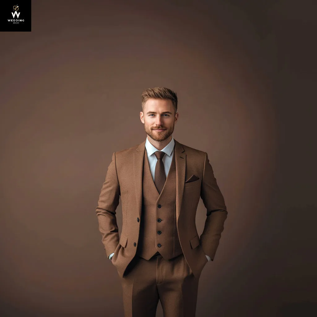 Men’s Brown 3-Piece Textured Suit with Notch Lapel – Tailored Fit for Weddings & Formal Events
