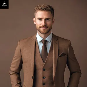Men’s Brown 3-Piece Textured Suit with Notch Lapel – Tailored Fit for Weddings & Formal Events