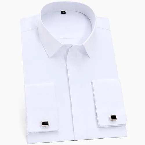 Men's Classic French Cuffs Solid Dress Shirt Covered Placket Formal Business Standard-fit Long Sleeve Office Work White Shirts