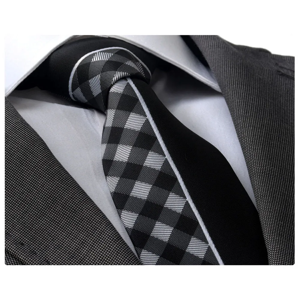 Men's Fashion Gray White Plaid Half Black Silk Neck Tie With Gift Box