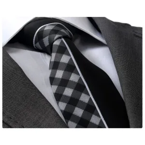 Men's Fashion Gray White Plaid Half Black Silk Neck Tie With Gift Box