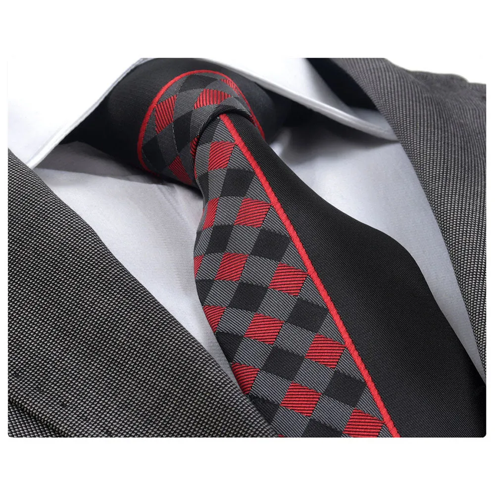 Men's Fashion Red Plaid Half Black Tie Silk Neck Tie Gift Box