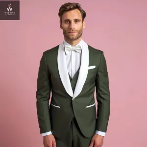 Men's Green Tuxedo Suit – Green & White Bespoke 3-Piece Wedding Attire, Custom Tailored Suits