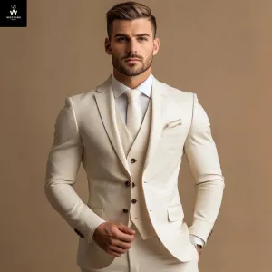Men’s Ivory 3-Piece Slim Fit Suit – Tailored Elegance for Weddings & Formal Events