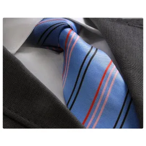 Men's jacquard Blue with Red Black & Pink Lines Premium Neck Tie With Gift Box