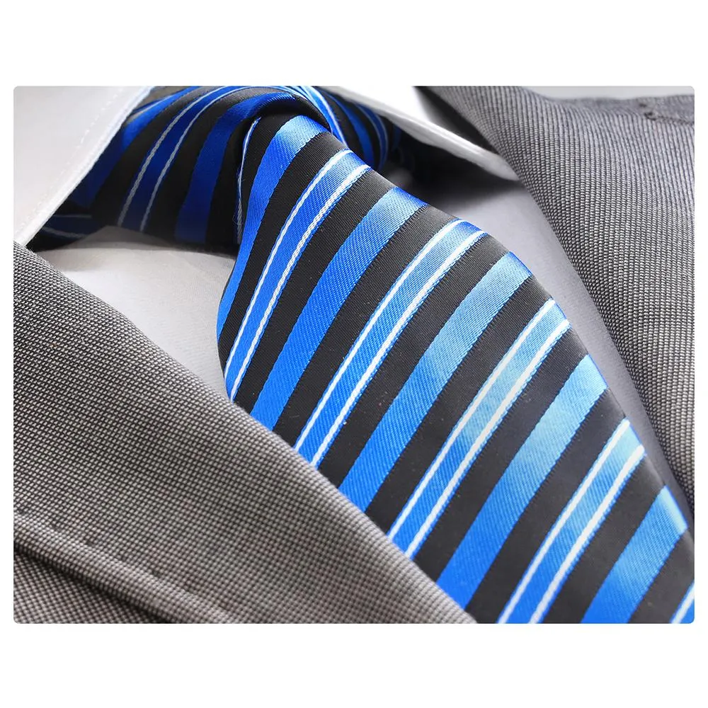 Men's jacquard Metallic Blue and Black Lines Premium Neck Tie With Gift Box