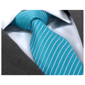 Men's jacquard Turqouise Blue White Lines Premium Neck Tie With Gift Box