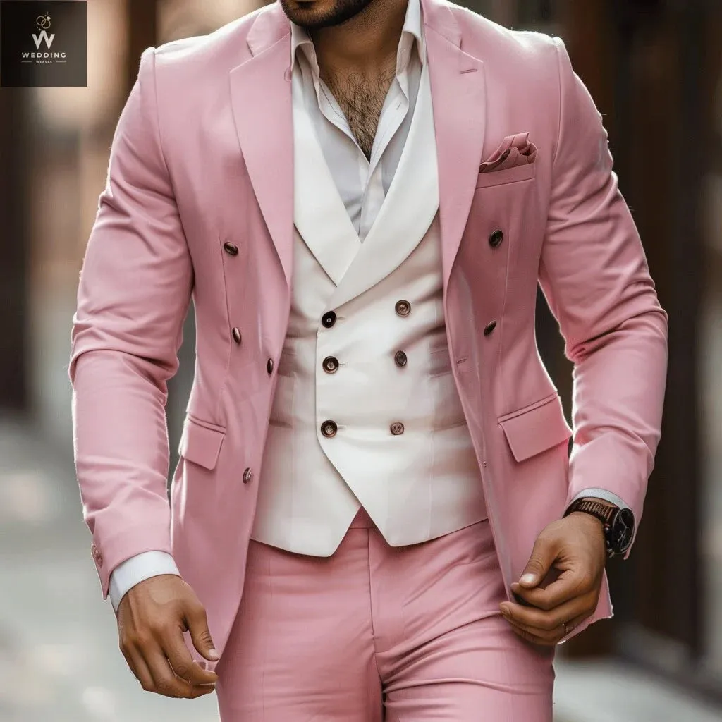 Men's Pink Three-Piece Suit – Bespoke Wedding Attire, Custom Tailored Suits for Men