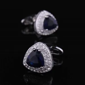 Men's Stainless Silver with Dark Blue Stone Triangle Cufflinks with Box
