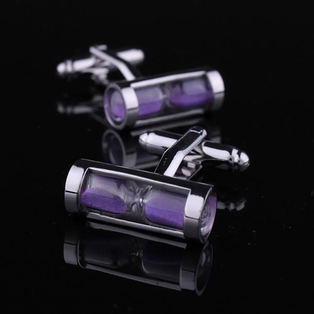 Men's Stainless Steel Purple Hour Glass Cufflinks with Box