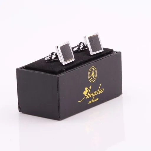 Mens Stainless Steel Silver   Black Carbon Fiber Square Cufflinks for Shirt with Box - Hand