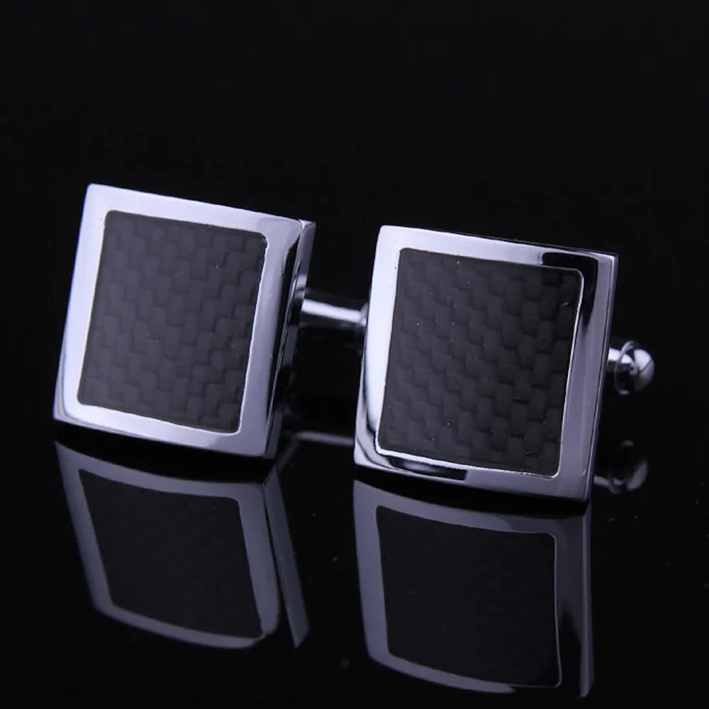 Mens Stainless Steel Silver   Black Carbon Fiber Square Cufflinks for Shirt with Box - Hand