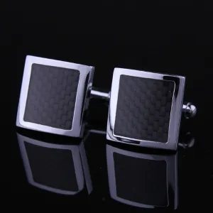 Mens Stainless Steel Silver   Black Carbon Fiber Square Cufflinks for Shirt with Box - Hand