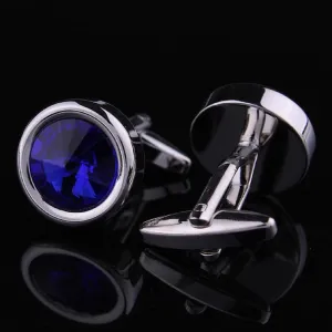 Men's Stainless Steel Silver with blue round stone Cufflinks with Box
