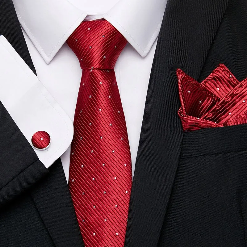 Men`s Tie Silk Red Plaid print Jacquard Woven Tie   Hanky   Cufflinks Sets For Formal Wedding Business Party Free Postage