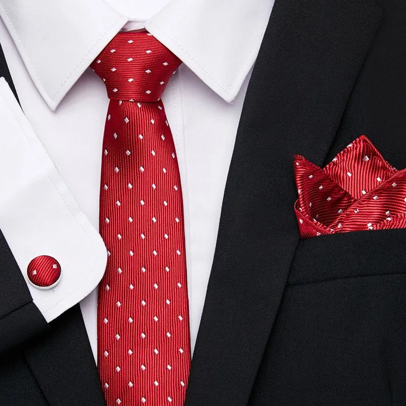 Men`s Tie Silk Red Plaid print Jacquard Woven Tie   Hanky   Cufflinks Sets For Formal Wedding Business Party Free Postage