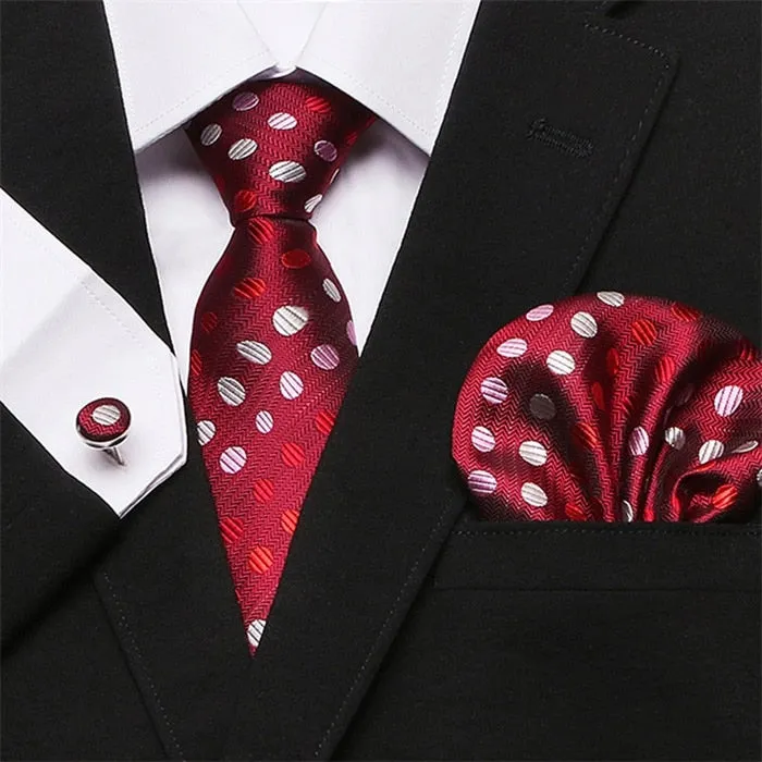 Men`s Tie Silk Red Plaid print Jacquard Woven Tie   Hanky   Cufflinks Sets For Formal Wedding Business Party Free Postage