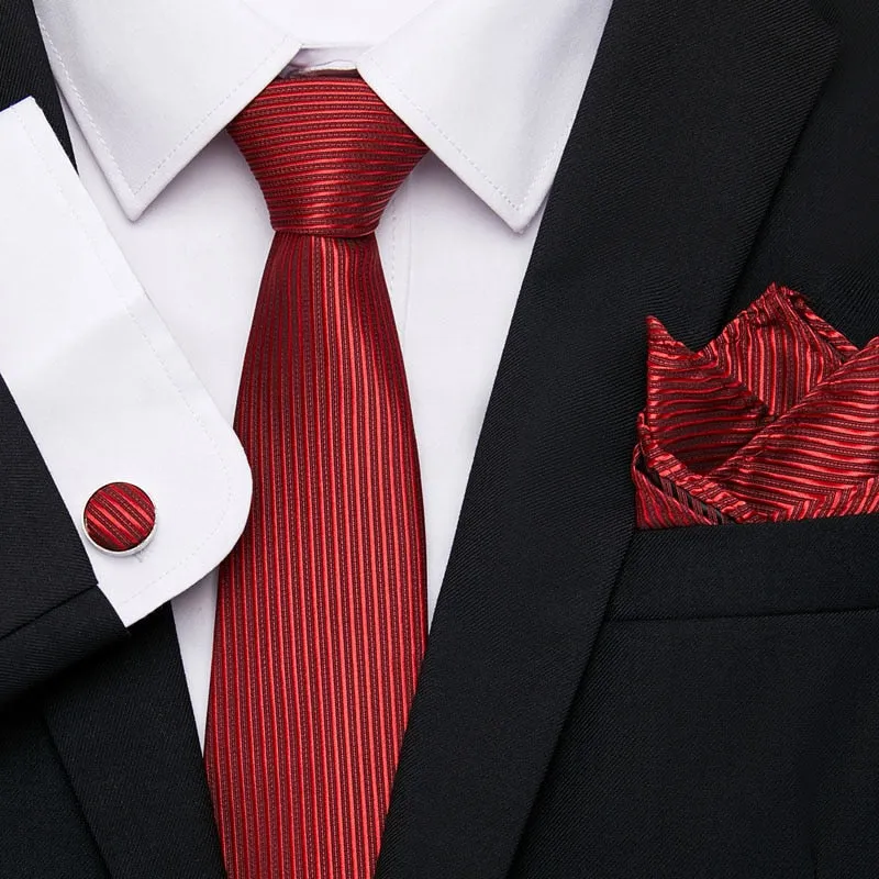 Men`s Tie Silk Red Plaid print Jacquard Woven Tie   Hanky   Cufflinks Sets For Formal Wedding Business Party Free Postage