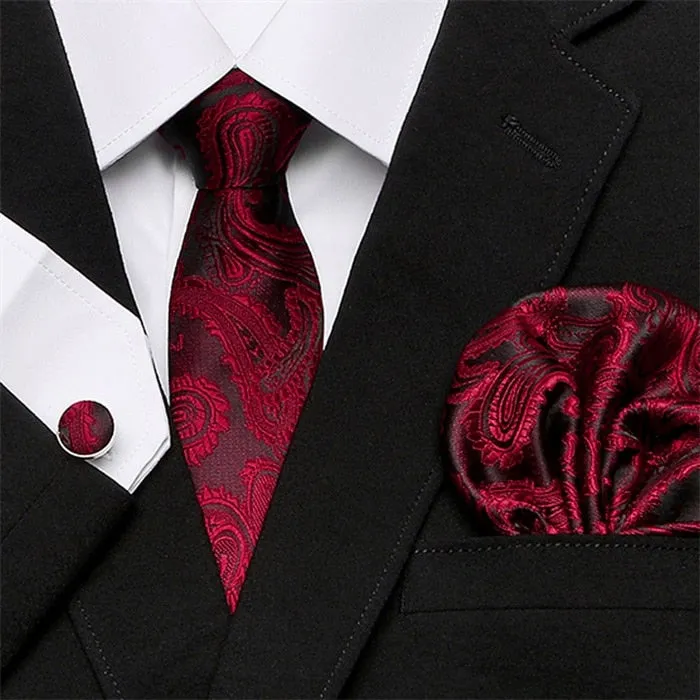 Men`s Tie Silk Red Plaid print Jacquard Woven Tie   Hanky   Cufflinks Sets For Formal Wedding Business Party Free Postage
