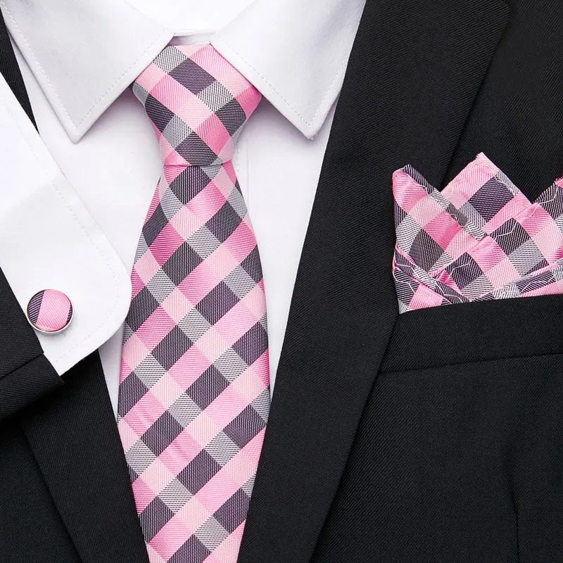 Men`s Tie Silk Red Plaid print Jacquard Woven Tie   Hanky   Cufflinks Sets For Formal Wedding Business Party Free Postage