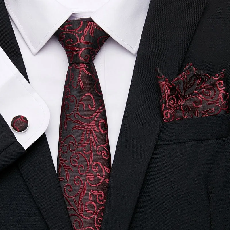 Men`s Tie Silk Red Plaid print Jacquard Woven Tie   Hanky   Cufflinks Sets For Formal Wedding Business Party Free Postage