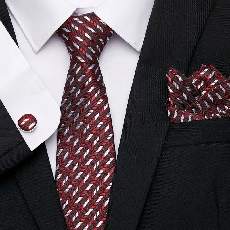 Men`s Tie Silk Red Plaid print Jacquard Woven Tie   Hanky   Cufflinks Sets For Formal Wedding Business Party Free Postage