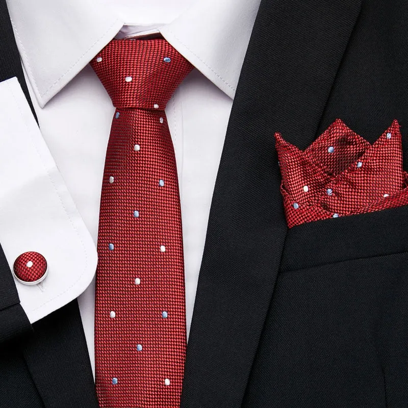 Men`s Tie Silk Red Plaid print Jacquard Woven Tie   Hanky   Cufflinks Sets For Formal Wedding Business Party Free Postage