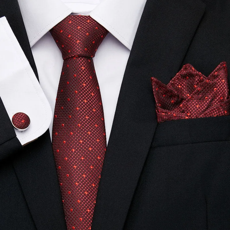 Men`s Tie Silk Red Plaid print Jacquard Woven Tie   Hanky   Cufflinks Sets For Formal Wedding Business Party Free Postage