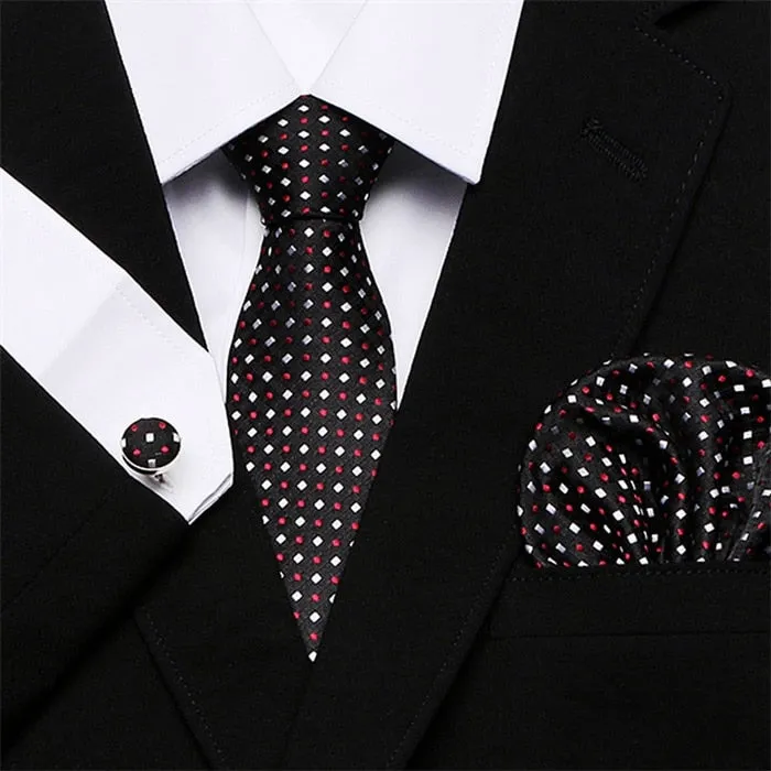 Men`s Tie Silk Red Plaid print Jacquard Woven Tie   Hanky   Cufflinks Sets For Formal Wedding Business Party Free Postage