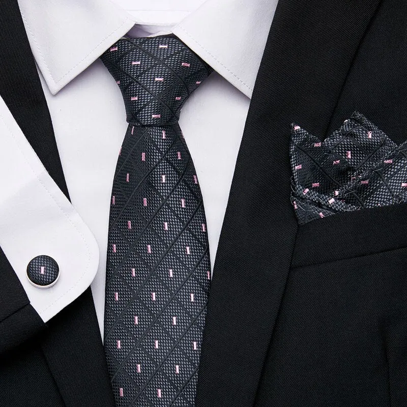 Men`s Tie Silk Red Plaid print Jacquard Woven Tie   Hanky   Cufflinks Sets For Formal Wedding Business Party Free Postage
