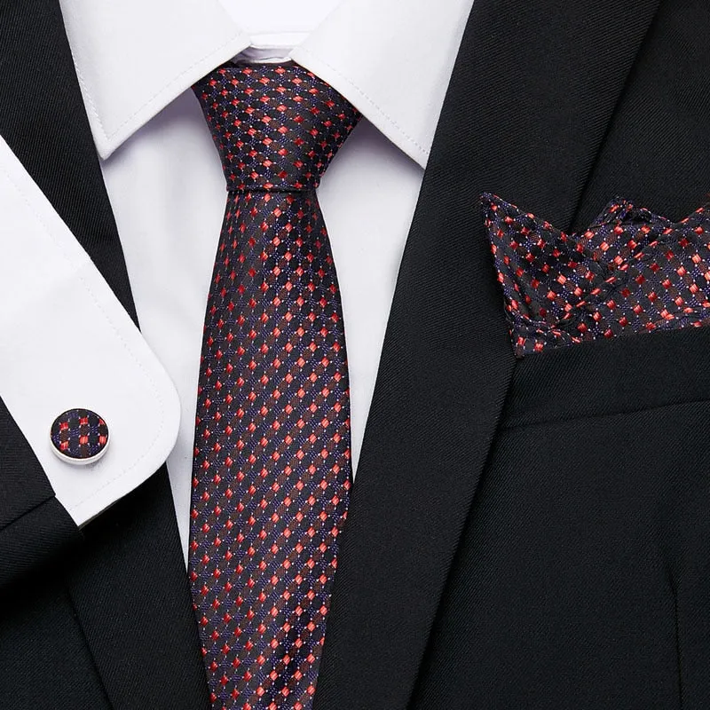 Men`s Tie Silk Red Plaid print Jacquard Woven Tie   Hanky   Cufflinks Sets For Formal Wedding Business Party Free Postage