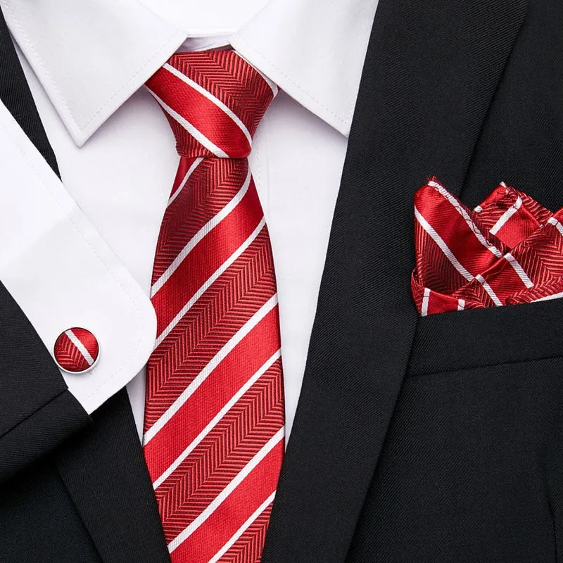 Men`s Tie Silk Red Plaid print Jacquard Woven Tie   Hanky   Cufflinks Sets For Formal Wedding Business Party Free Postage